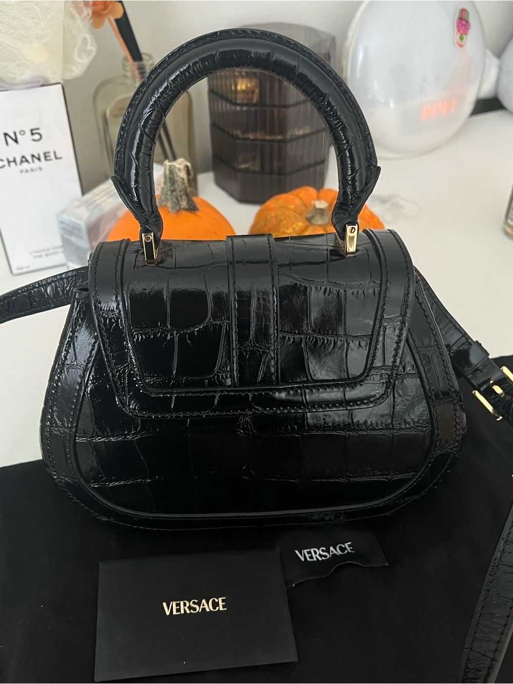 Versace Greca Black Croc-Embossed Top Handle Satchel with Gold Hardware - Picture 2 of 4